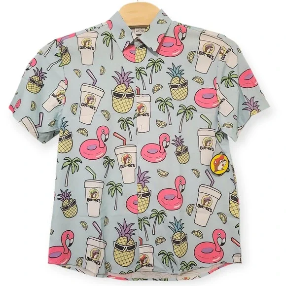 Buc-Ees Hawaiian Tropical Summer Pineapple Button Up Shirt Men's Large NWT - Picture 2 of 7